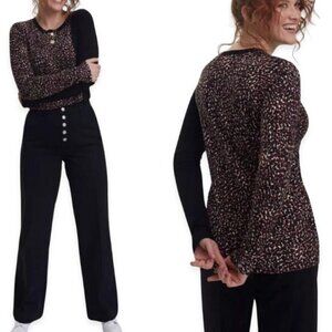 Long Tall Sally Knit Sweater Crew Neck Cheetah Pattern & Plain Block Women's S